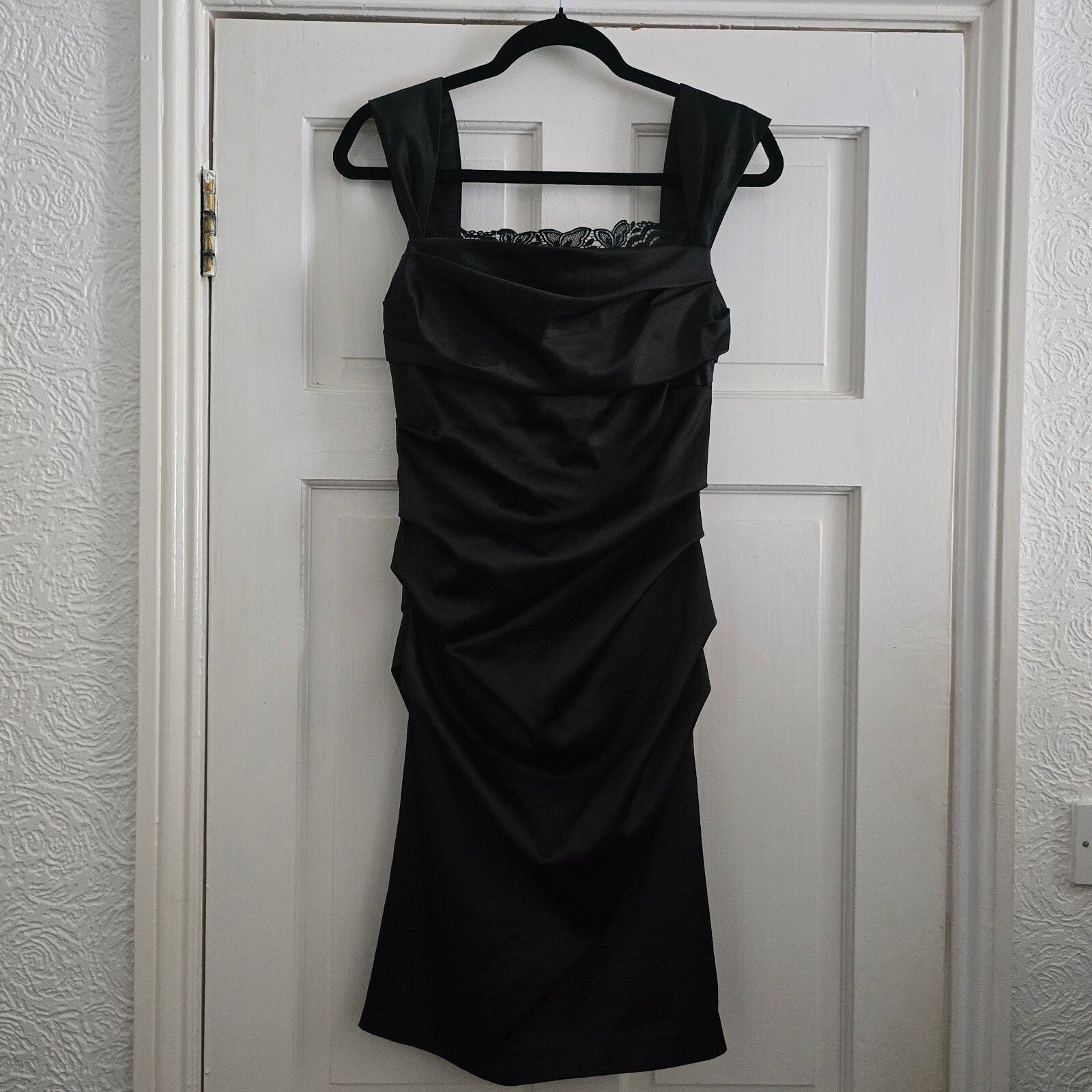 Louis Chin Madgay Boutique Black Satin Ruched Party Midi Dress UK8 glam cocktail