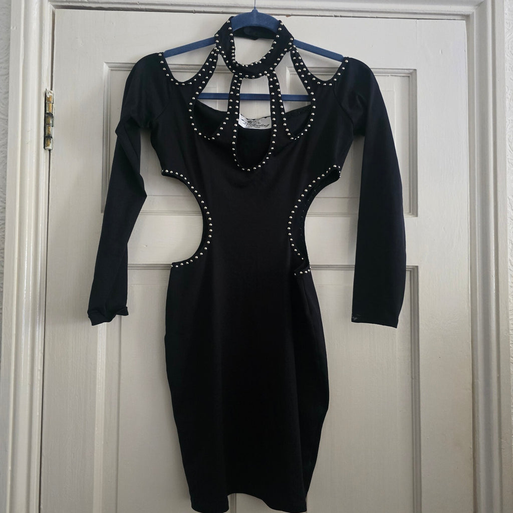 Feeling Black Studded Cut-Out Bodycon Dress Made in France, size S, rare