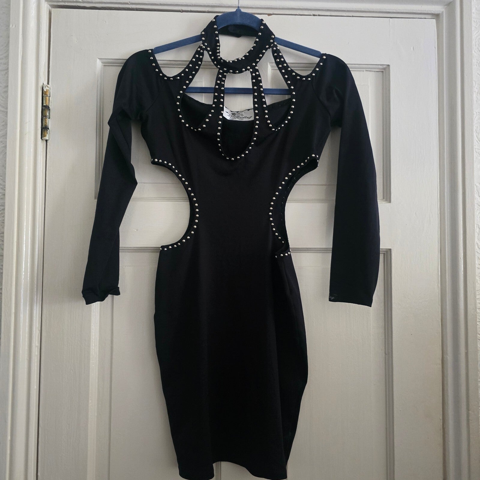 Feeling Black Studded Cut-Out Bodycon Dress Made in France, size S, rare