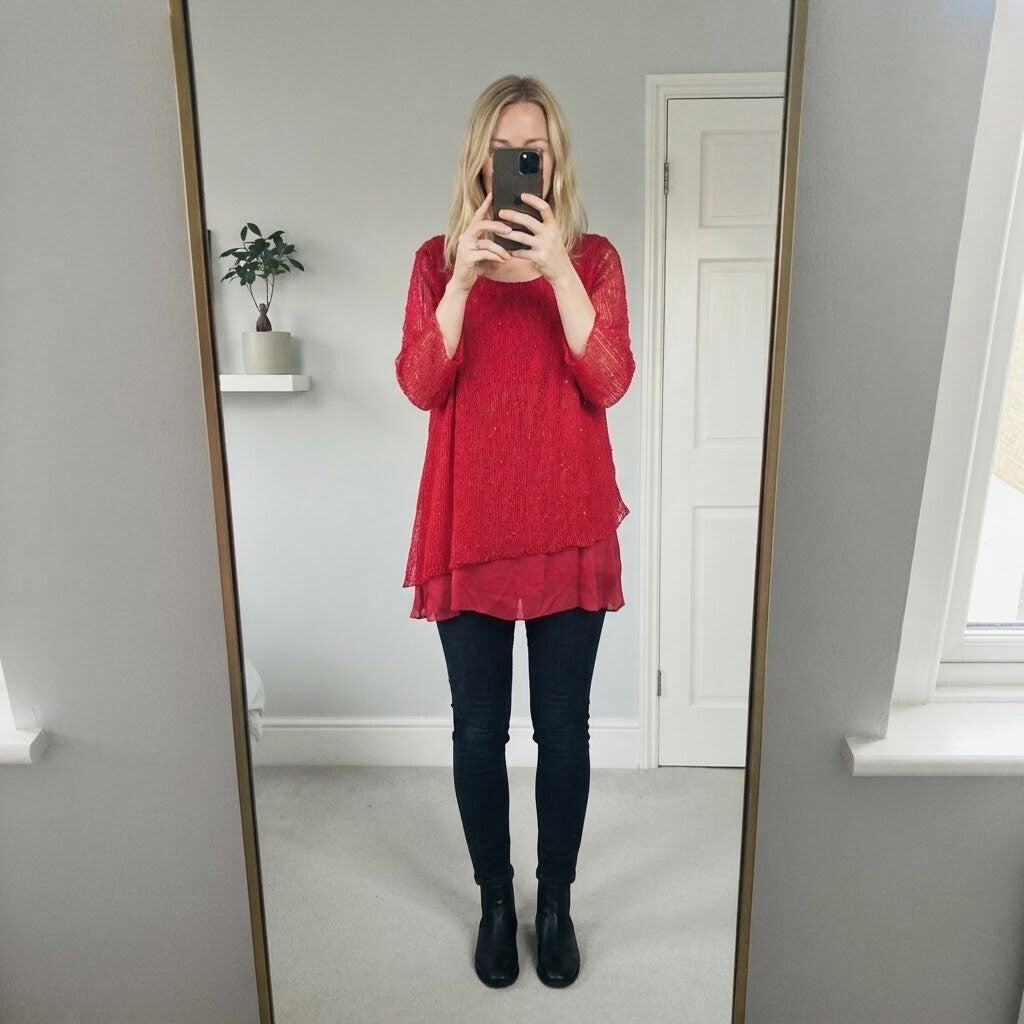 Klass Red Sequined Layered Blouse Top Relaxed Fit Size L, viscose mix