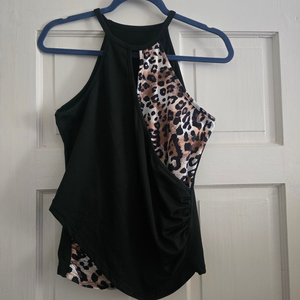 Black and Leopard Print Sleeveless Tank Top Size L, activewear, gym, stretch