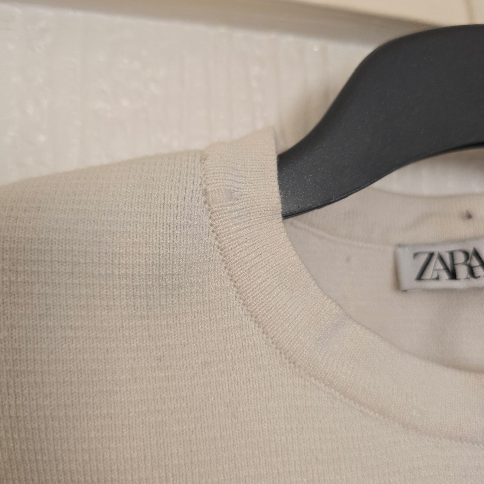 Zara Cream Short Sleeve Knit Top with Black Stitch Detailing, Size L