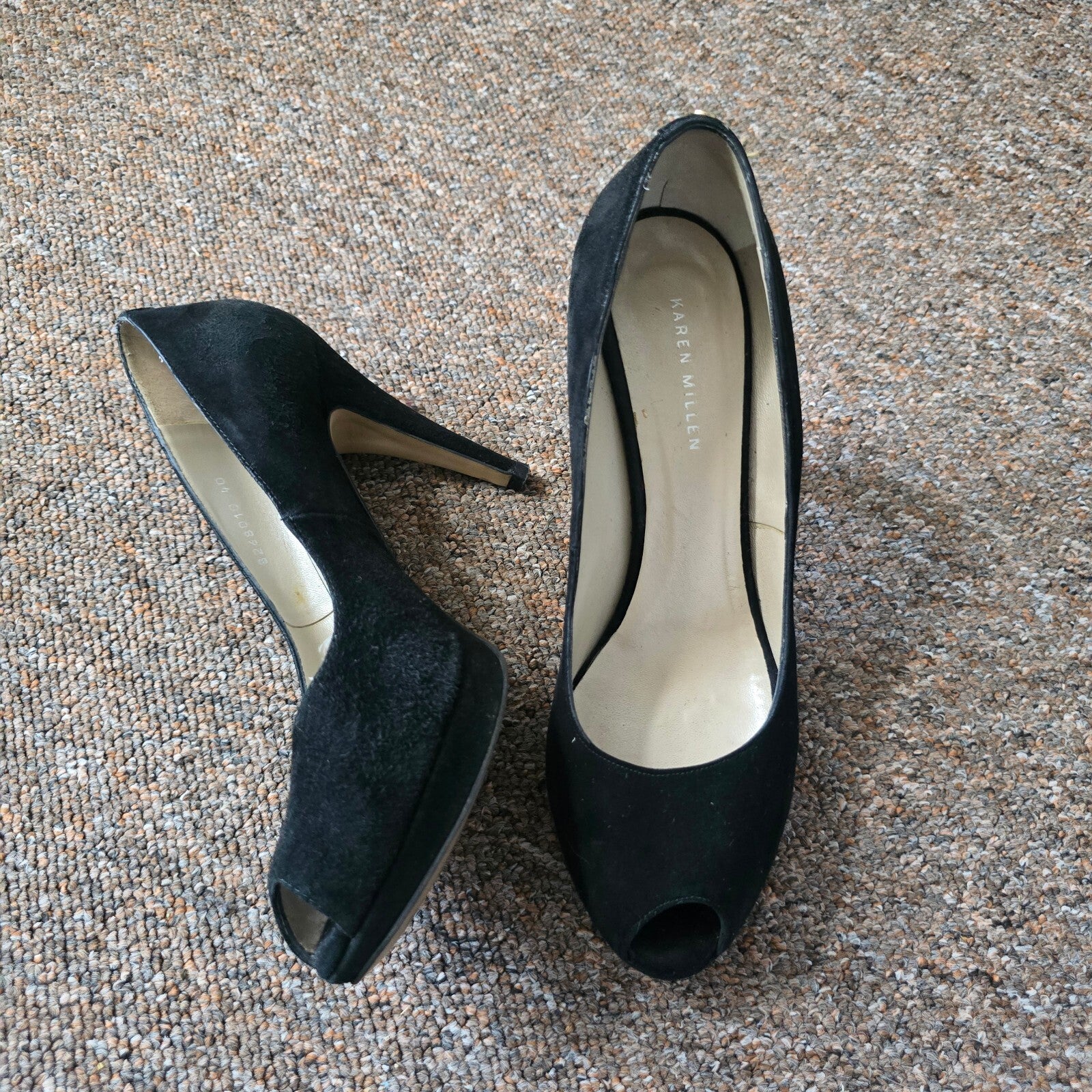 Karen Millen Black Suede Peep Toe High Heels Size 40, UK 7