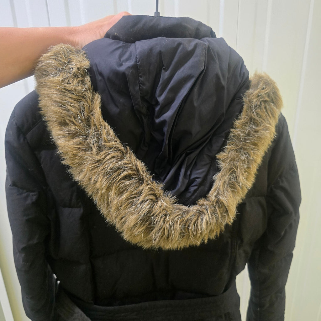 Barbour Storm Down Waterproof Wax Jacket with Faux Fur Hood Trim - UK Size 8
