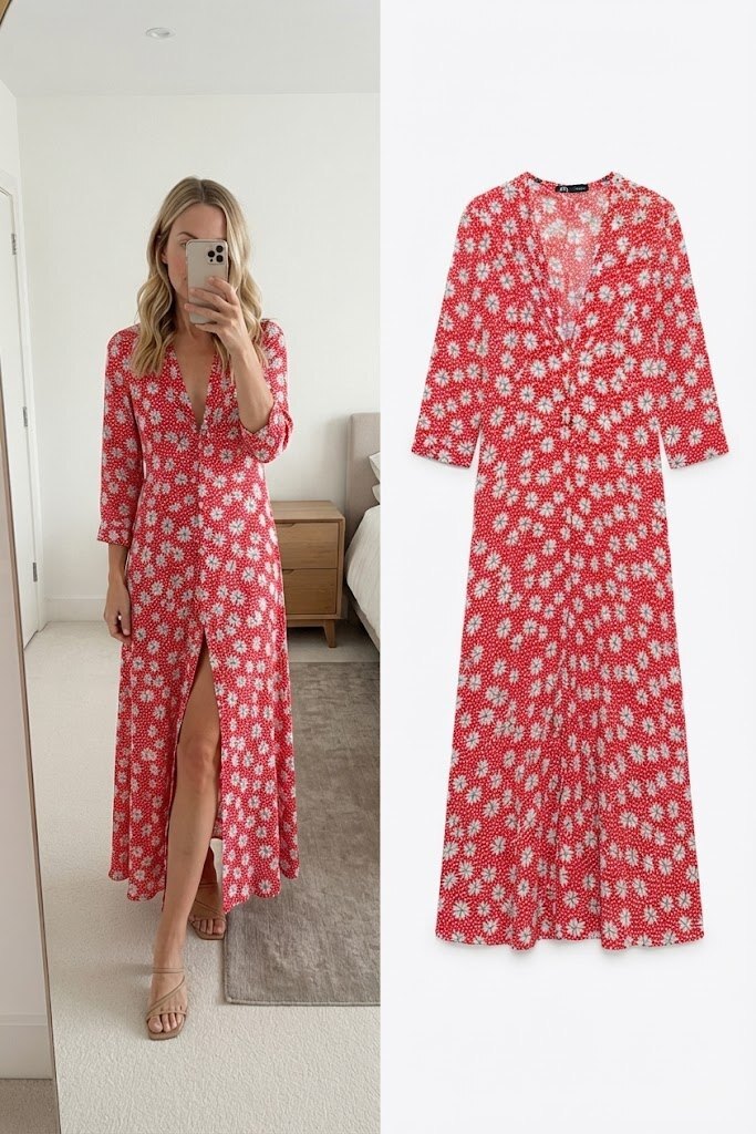 Zara Red Floral Print Long Sleeve Maxi deep V Neck Dress, Size L, blogger