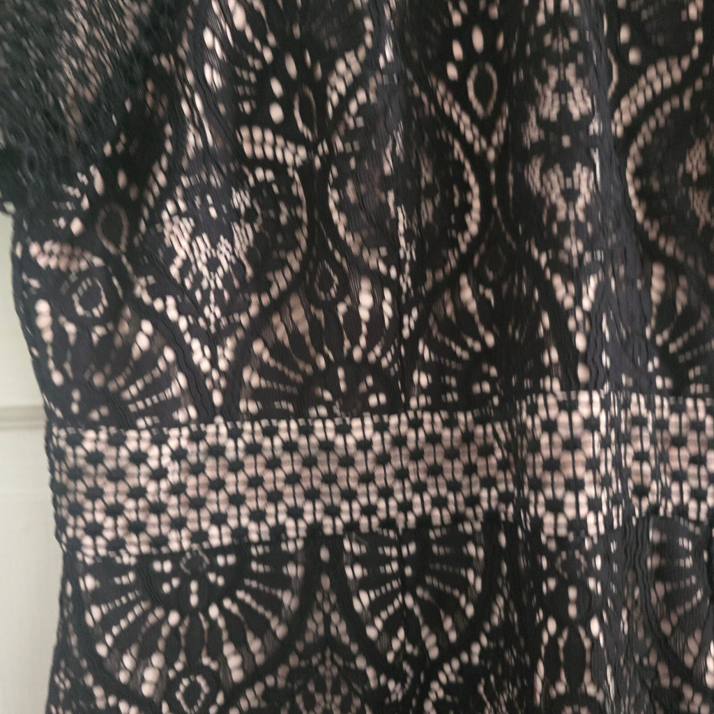 Elegant Black Lace Midi Dress with Nude Underlay and Zip Back, UK 16