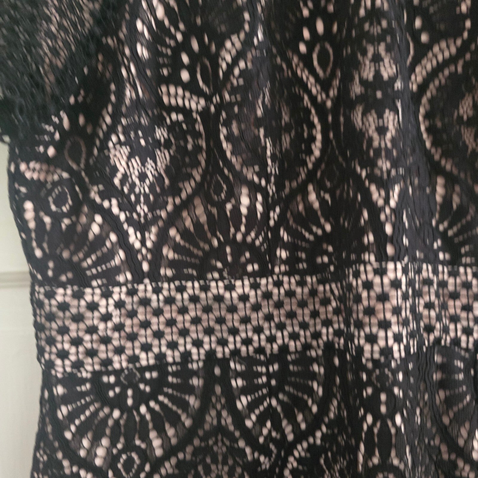 Elegant Black Lace Midi Dress with Nude Underlay and Zip Back, UK 16