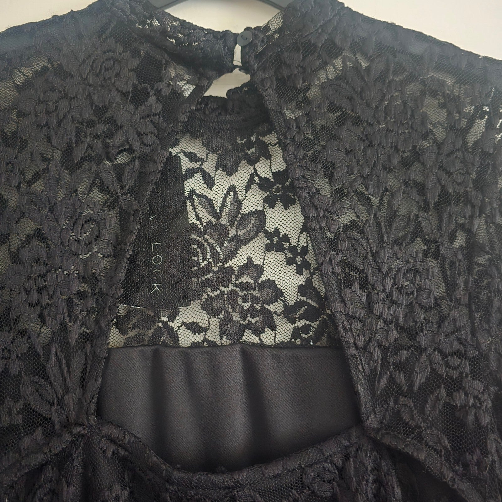 New Look Black Lace Long Sleeve Mini Bodycon Dress, cut out back, BNWT size 12