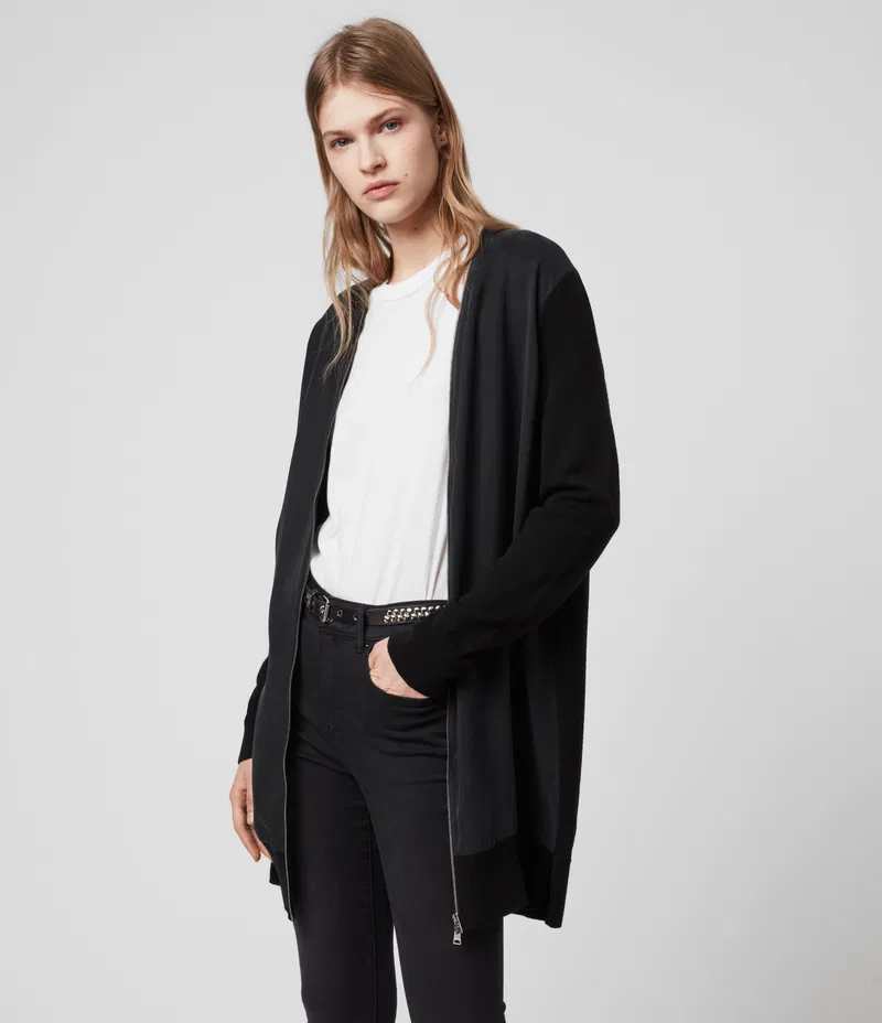 AllSaints Jamie Zip Longline Cardigan Black, Relaxed Fit BNWT, rrp £168, size XS