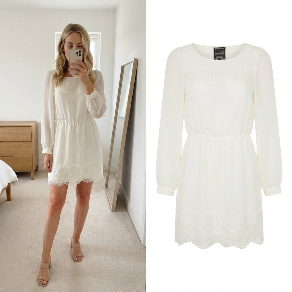 River Island Cream Lace Trim Long Sleeve Mini Boho Dress UK 8