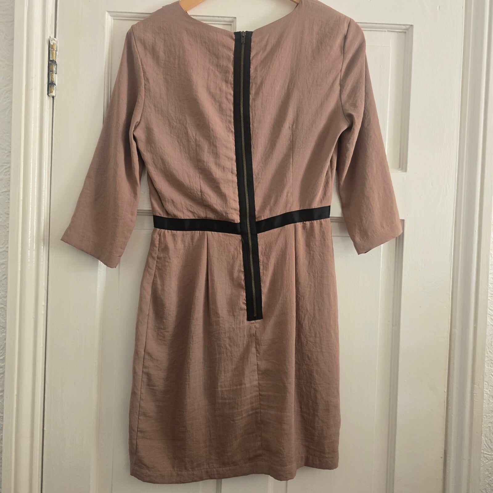 Topshop Women's Taupe Dress with Black Waist Detail, UK Size 10