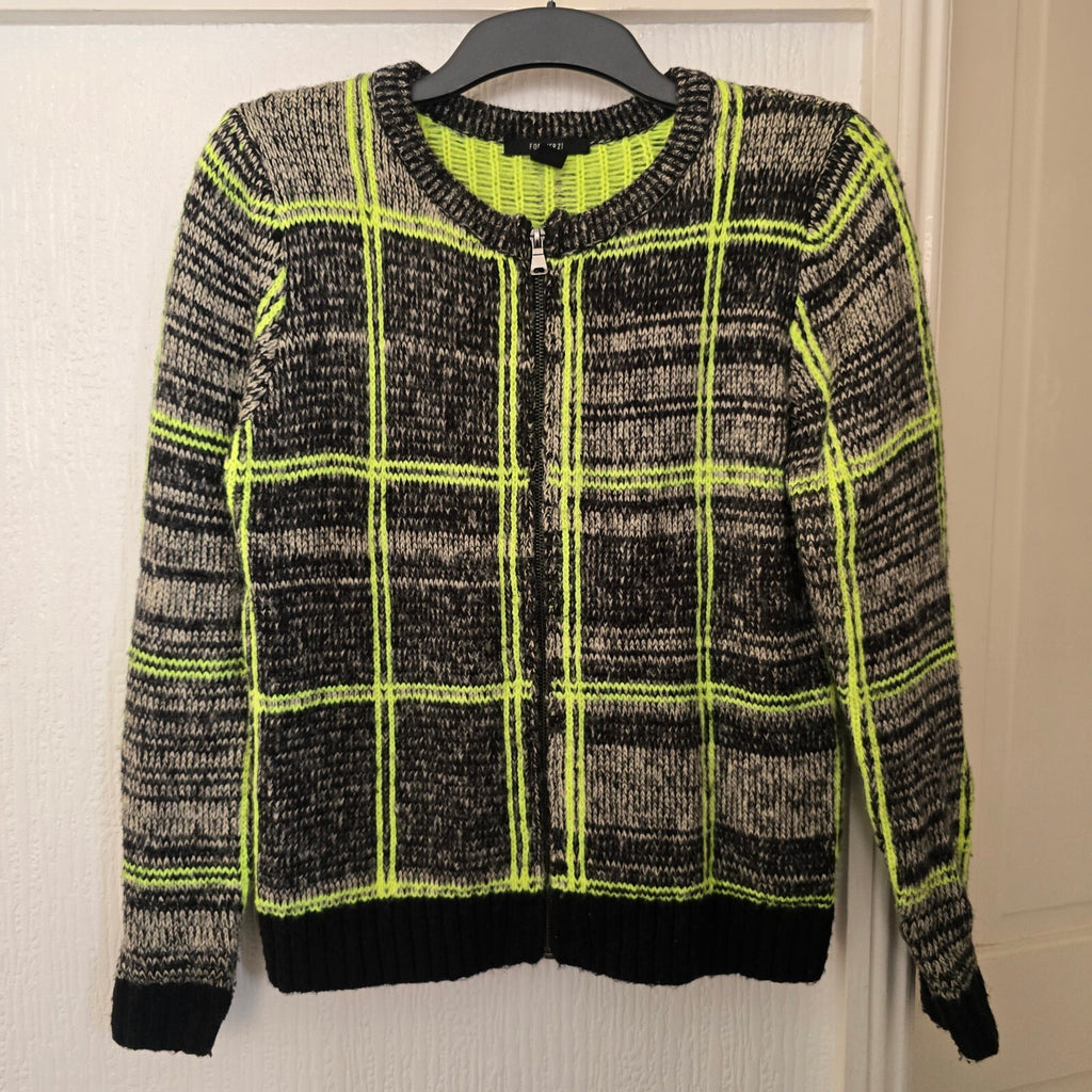 Forever 21 Women's Black and Neon Yellow Acrylic Knit Zip-Up Cardigan Sweater M