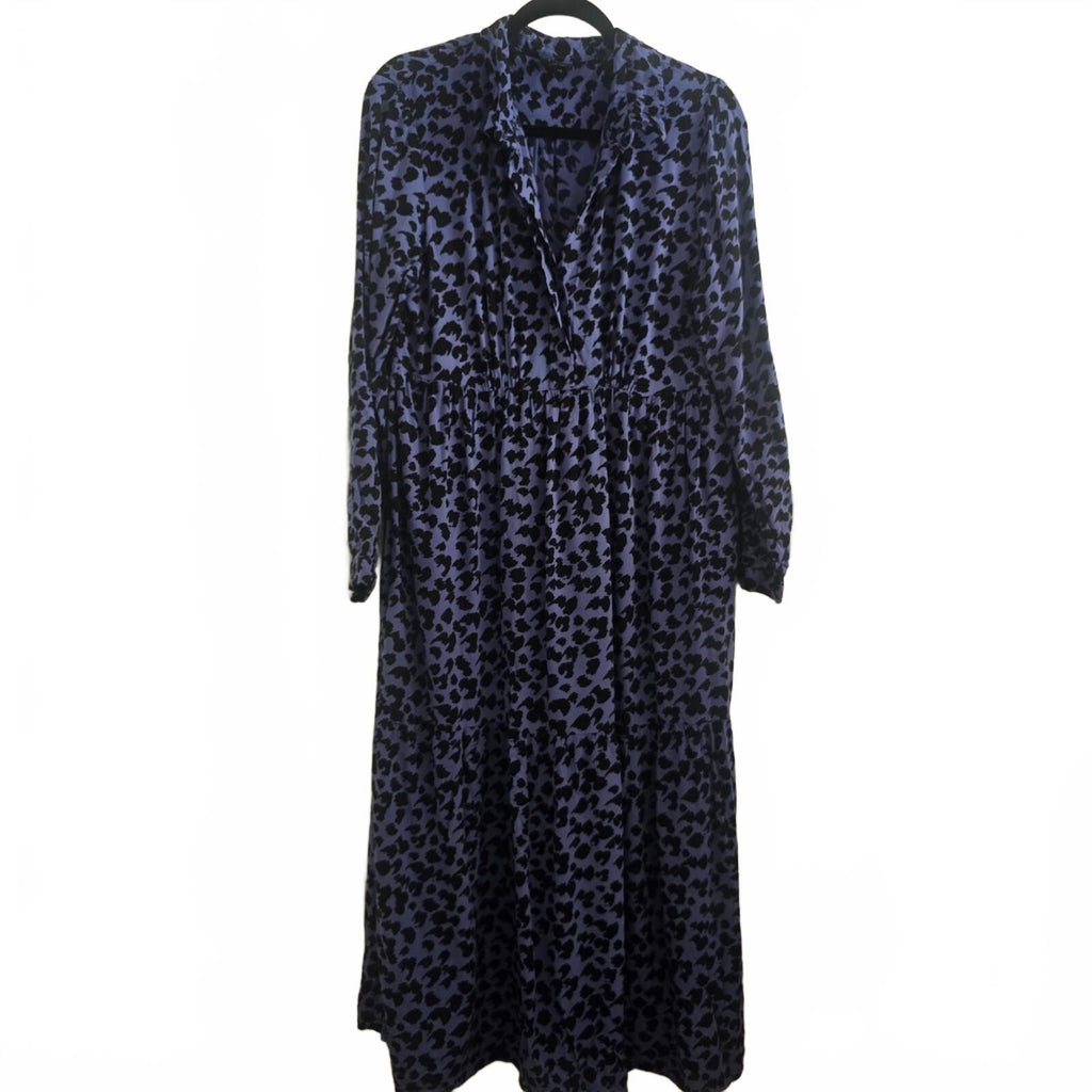 John Lewis Blue & Black Animal Print Long Sleeve Midi Length Shirt Dress Size 14
