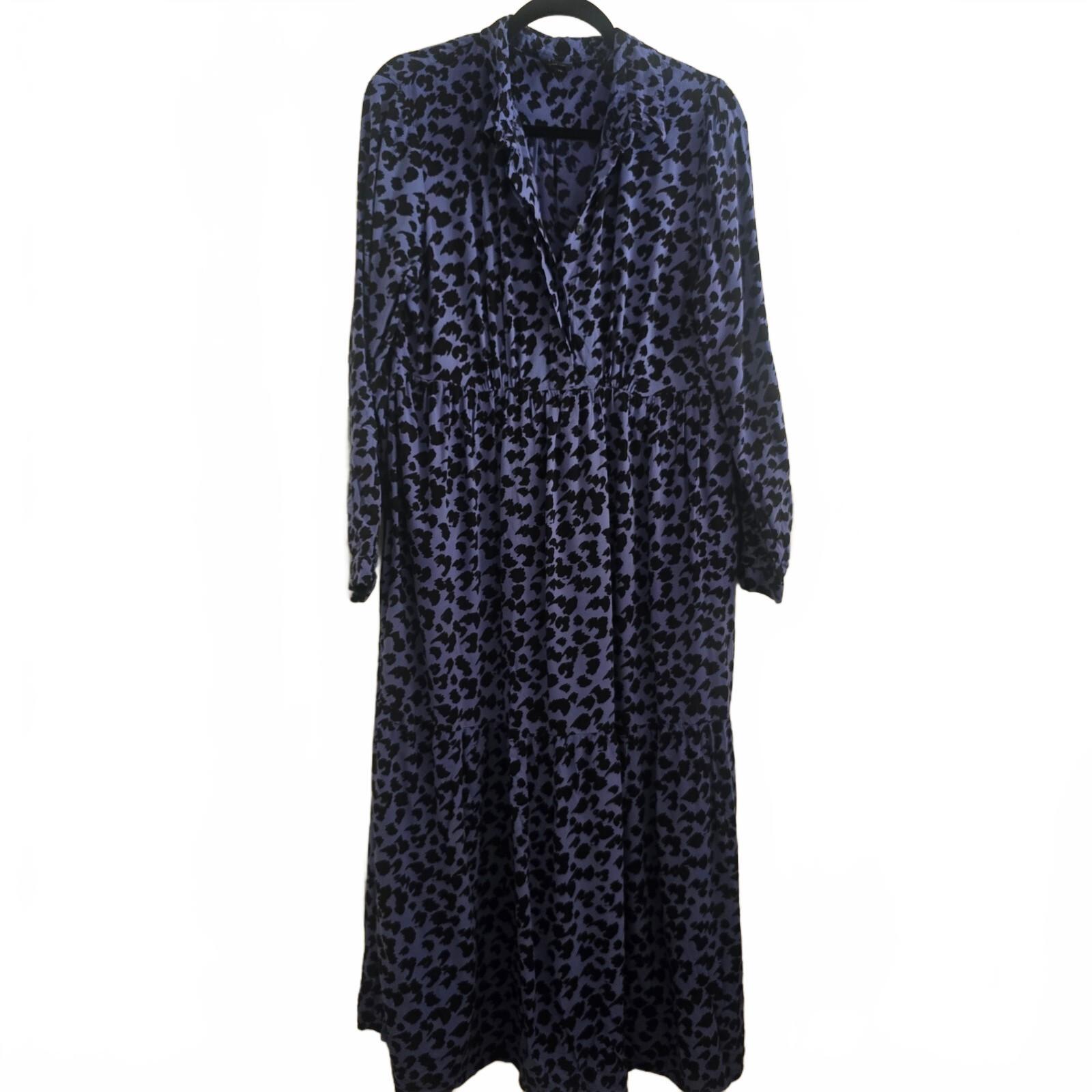 John Lewis Blue & Black Animal Print Long Sleeve Midi Length Shirt Dress Size 14