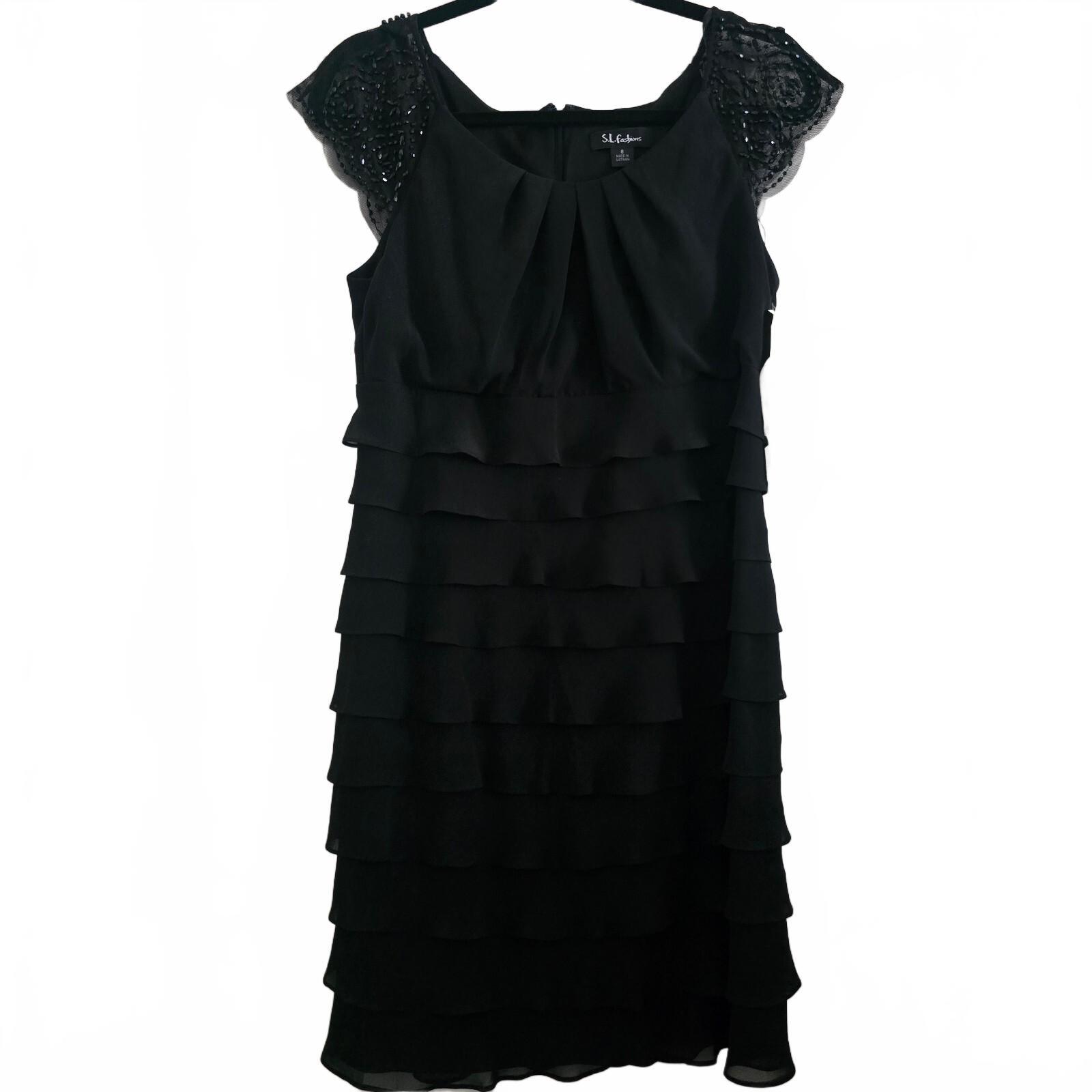 Black Tiered Ruffle Dress with Beaded Lace Cap Sleeves UK Size 12, BNWT