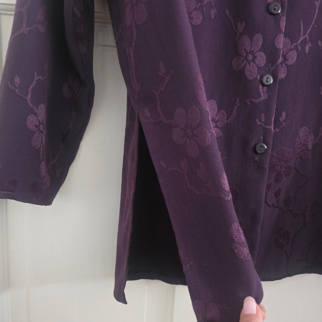 Elegant Purple Floral Jacquard Two-Piece Skirt Button-Up Blouse Suit Set Coord