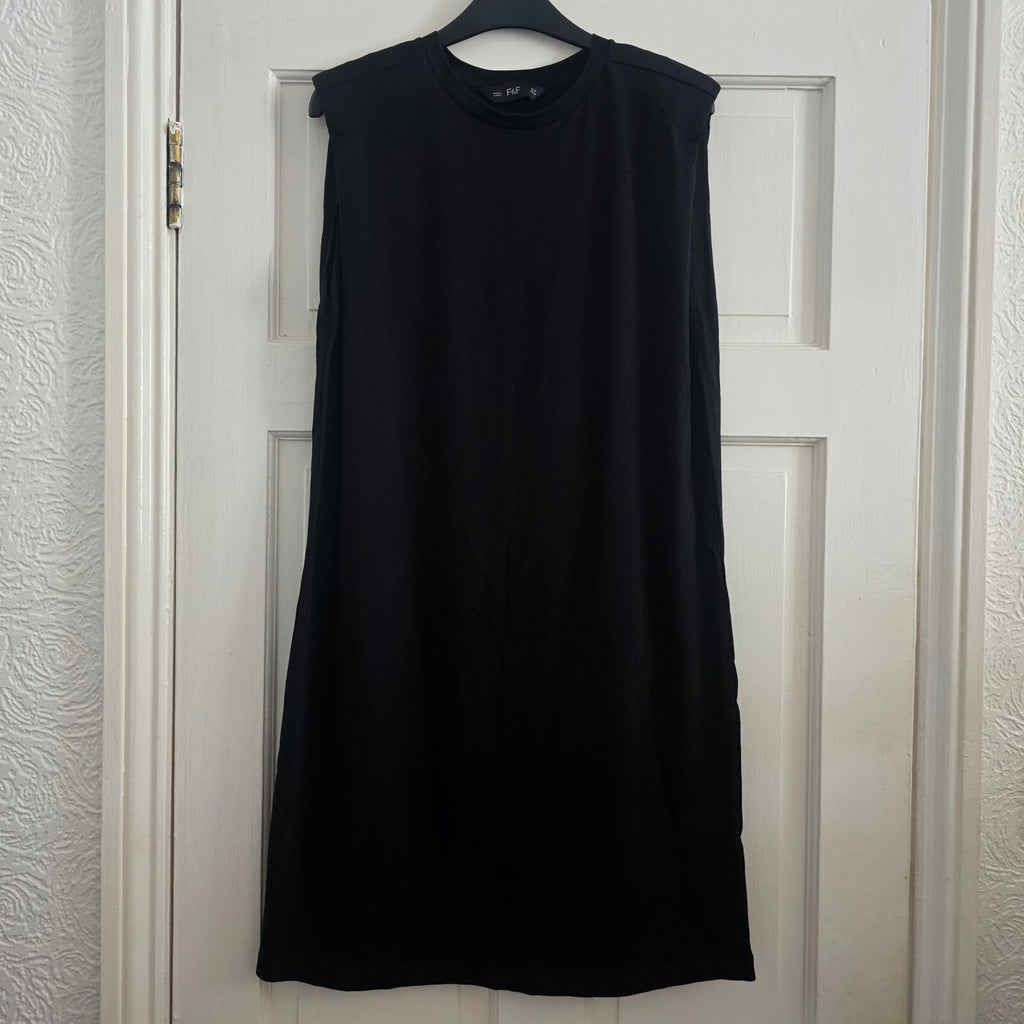 F&F Black Sleeveless Cotton Dress UK 10 / EUR 38, shoulder pads, knee length