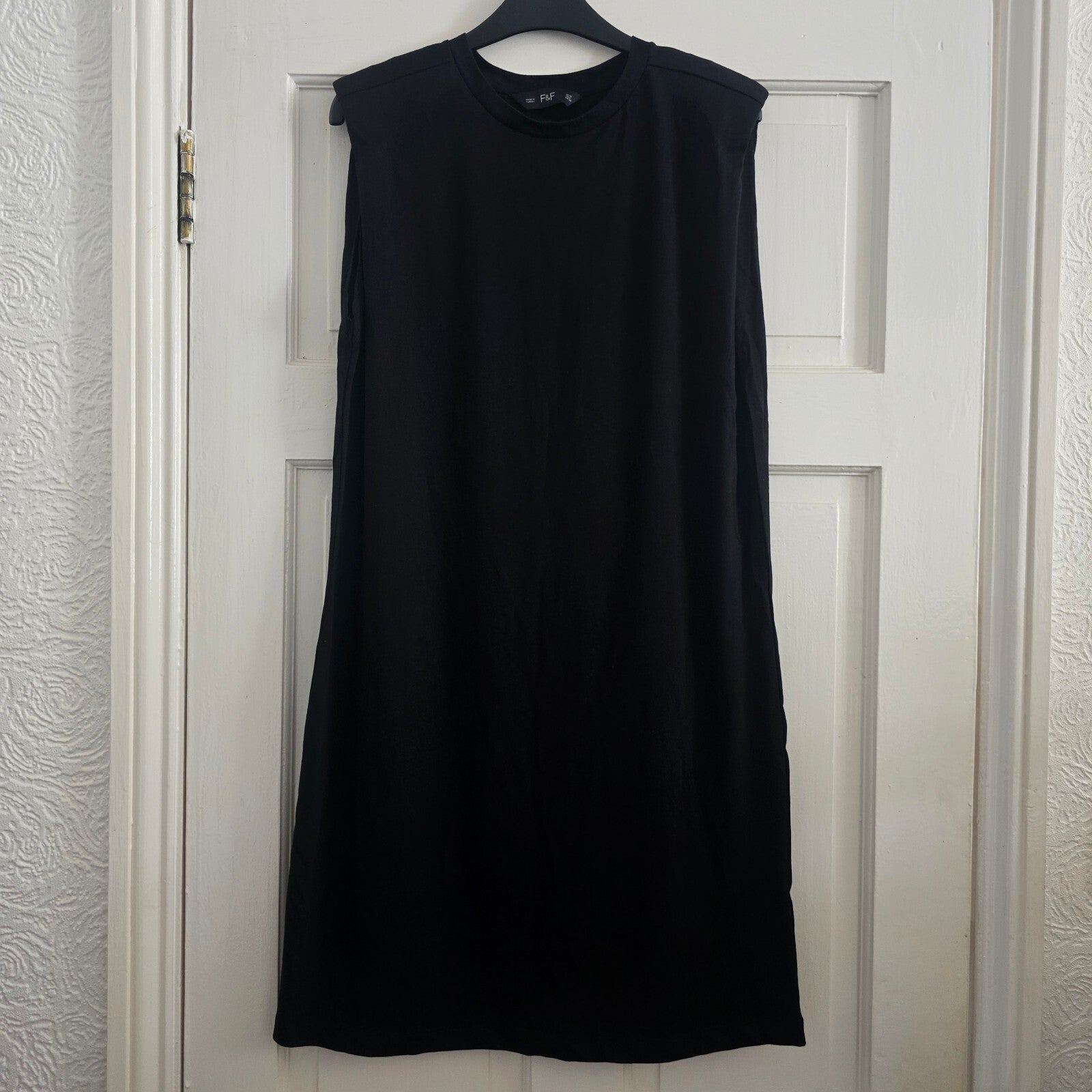 F&F Black Sleeveless Cotton Dress UK 10 / EUR 38, shoulder pads, knee length