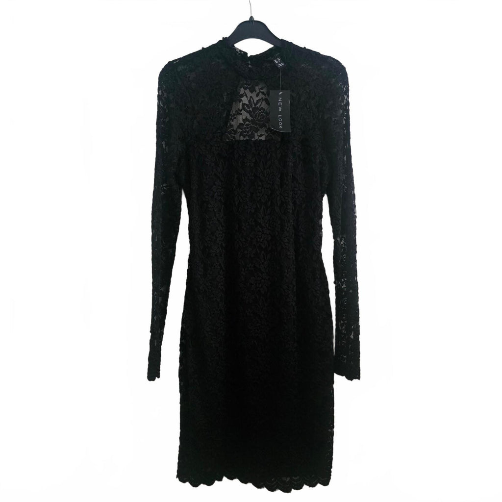 New Look Black Lace Long Sleeve Mini Bodycon Dress, cut out back, BNWT size 12
