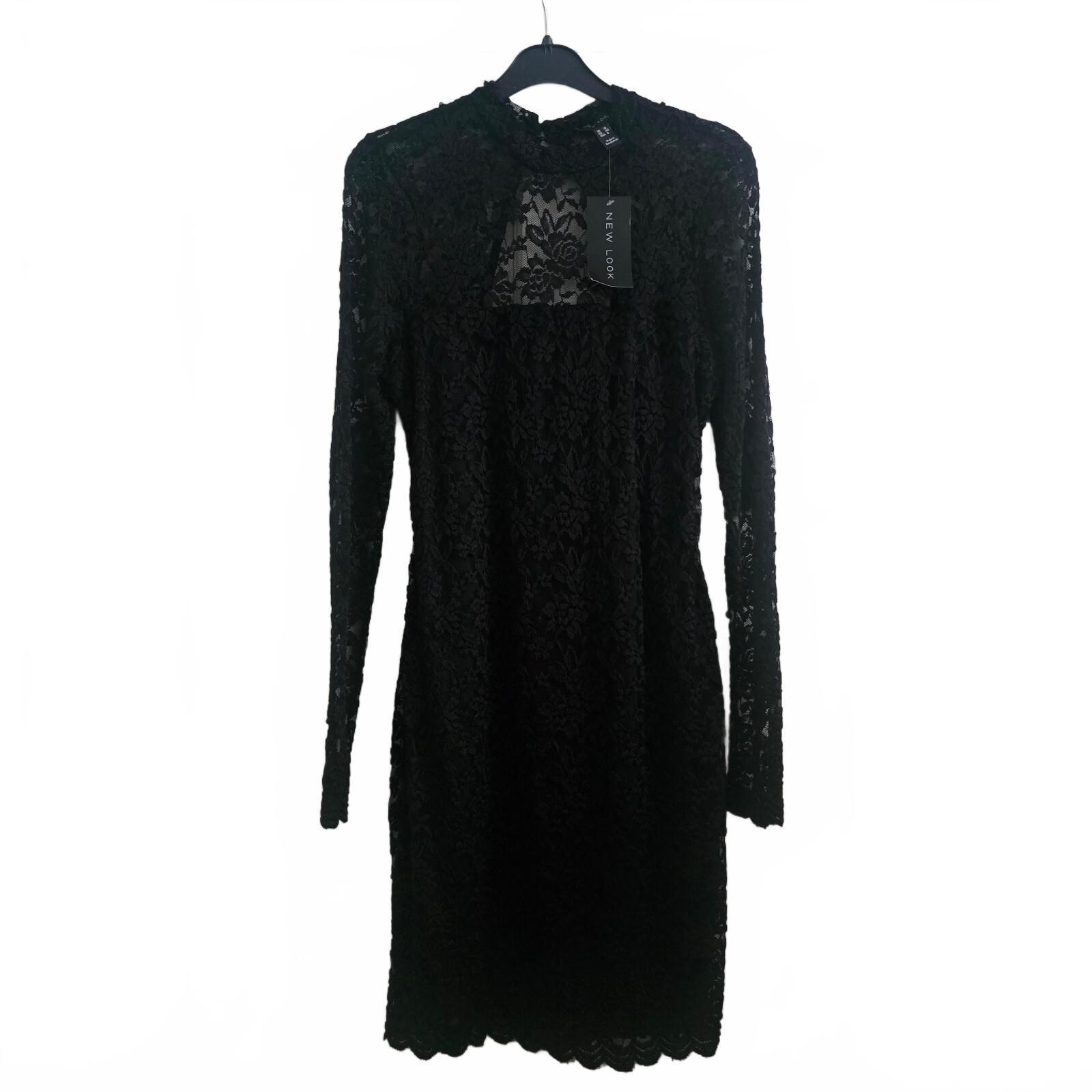 New Look Black Lace Long Sleeve Mini Bodycon Dress, cut out back, BNWT size 12