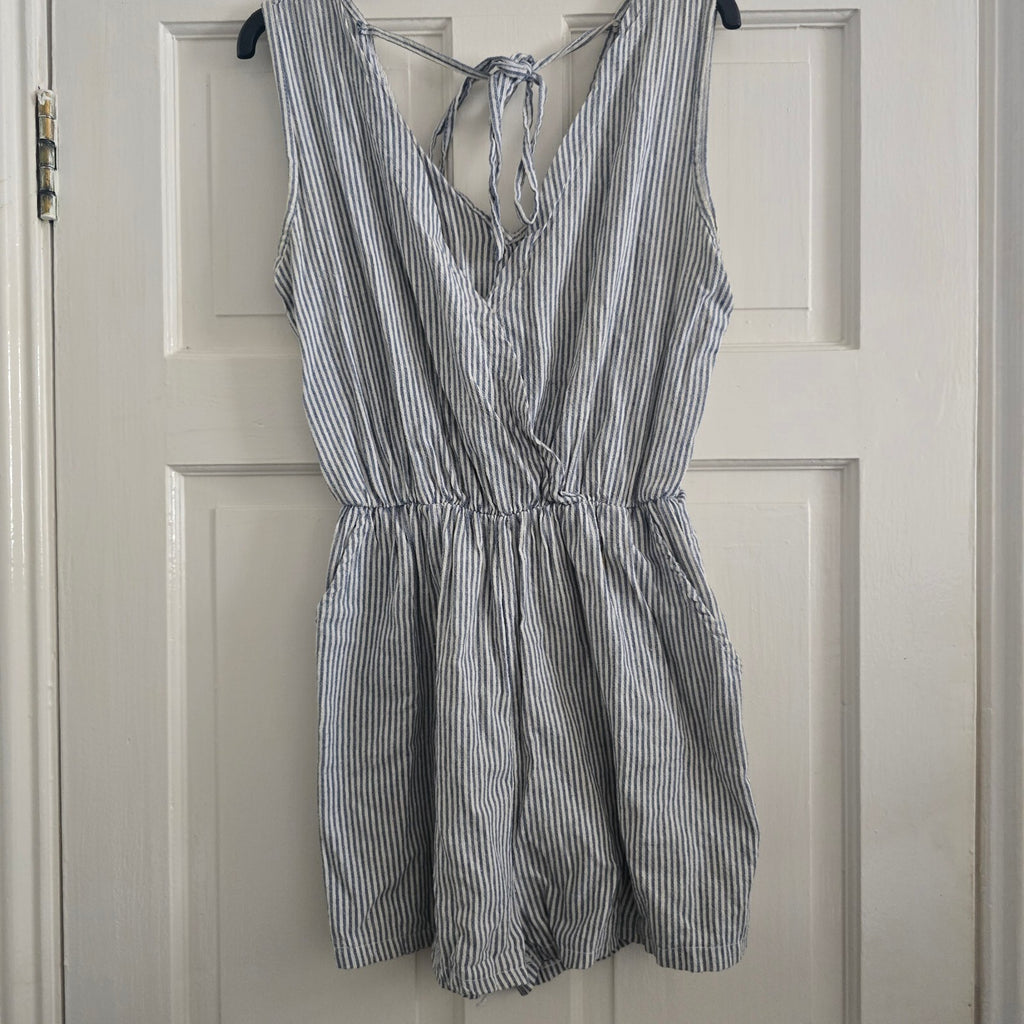 T.G.I.L. Blue and White Striped Sleeveless Romper, size S, linen mix, pockets