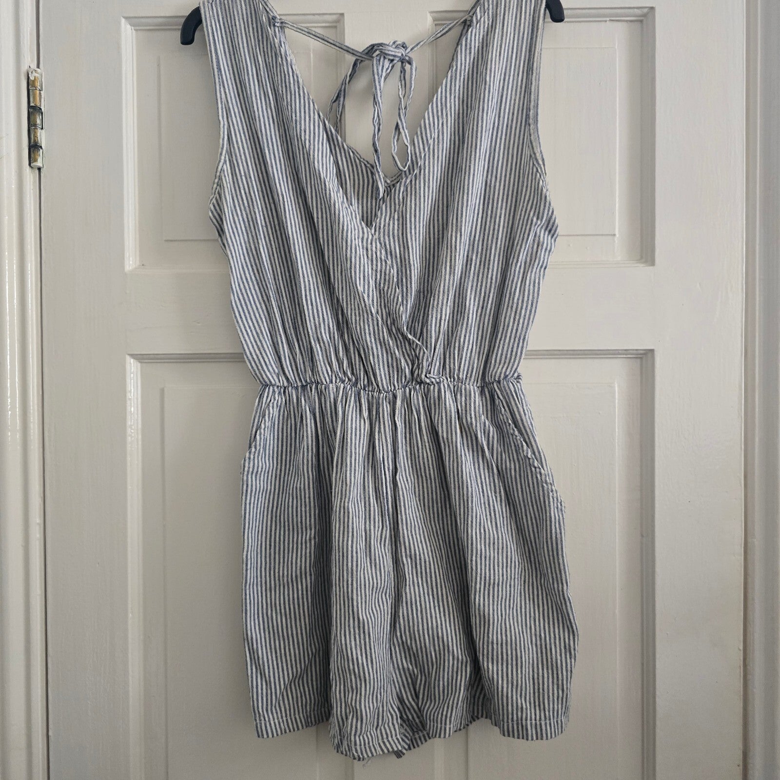 T.G.I.L. Blue and White Striped Sleeveless Romper, size S, linen mix, pockets
