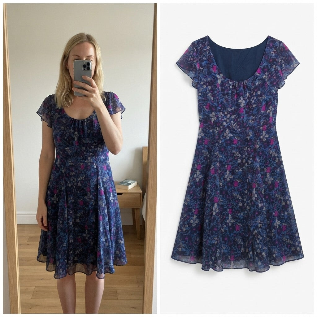 Monsoon Floral Pattern Blue and Pink Short Sleeve A Line Knee Length Dress UK14