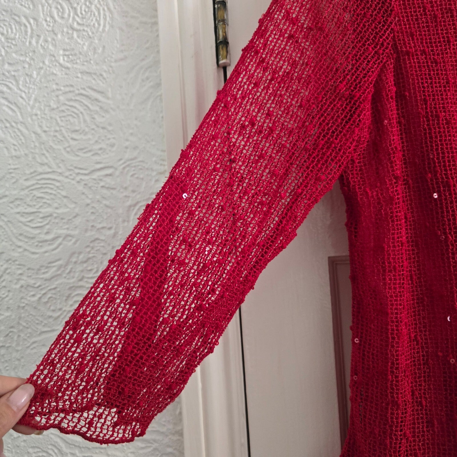 Klass Red Sequined Layered Blouse Top Relaxed Fit Size L, viscose mix