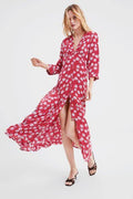 Zara Red Floral Print Long Sleeve Maxi V Neck Dress, Size L, blogger influencer