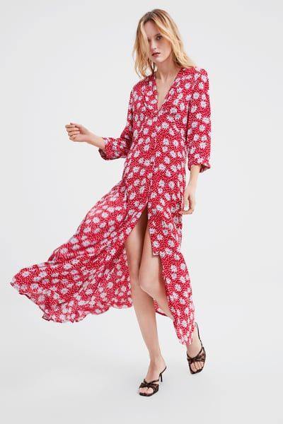 Zara Red Floral Print Long Sleeve Maxi V Neck Dress, Size L, blogger influencer