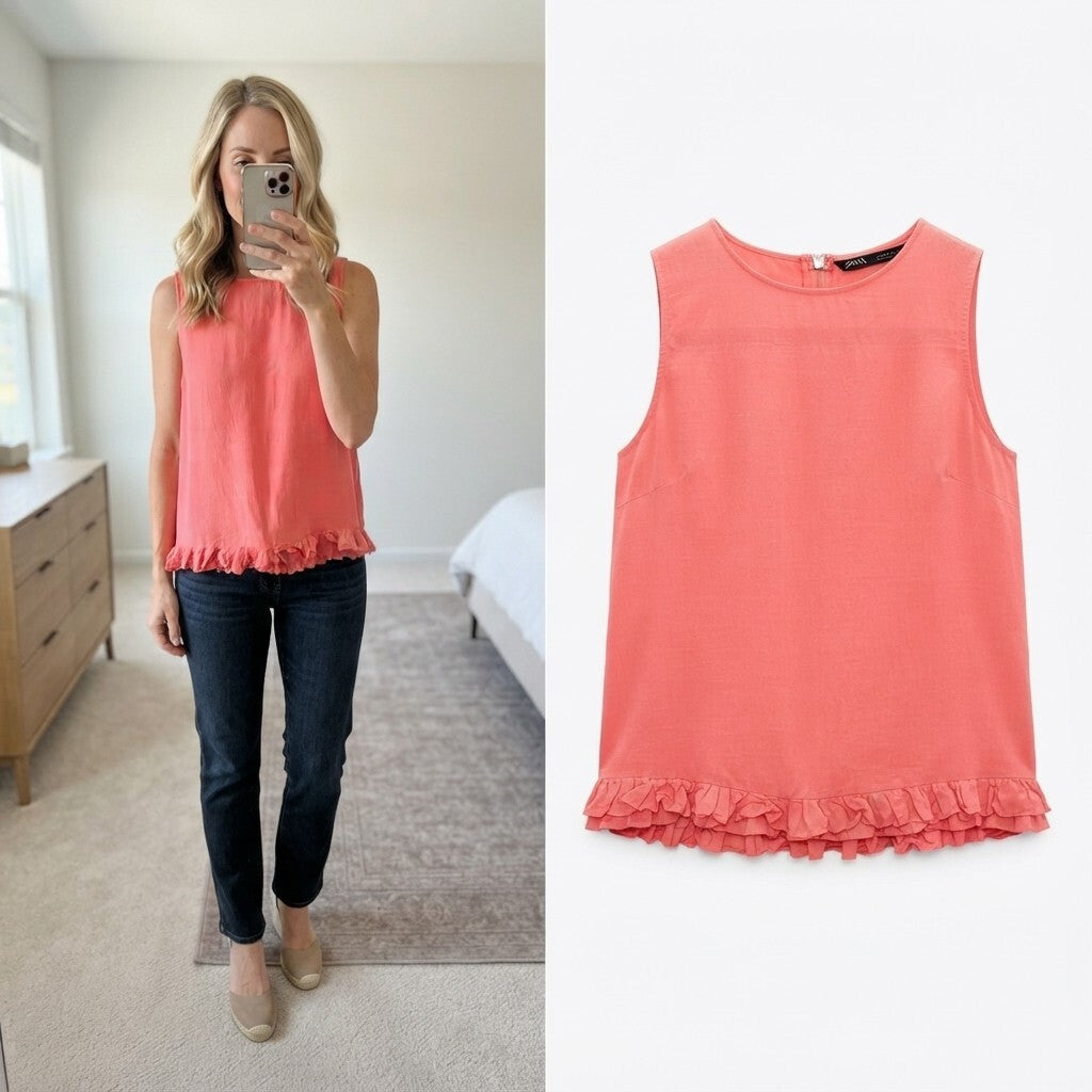 Zara Woman Coral Sleeveless Top with Ruffle Hem, Size M