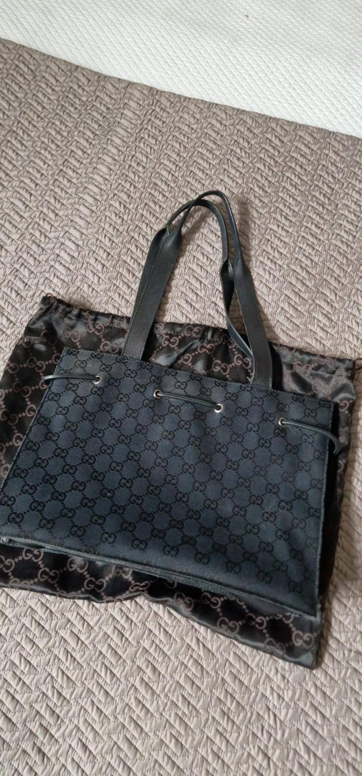 Gucci Black GG Canvas Shopping Tote Bag with Leather Trim, with dustbag, vintage
