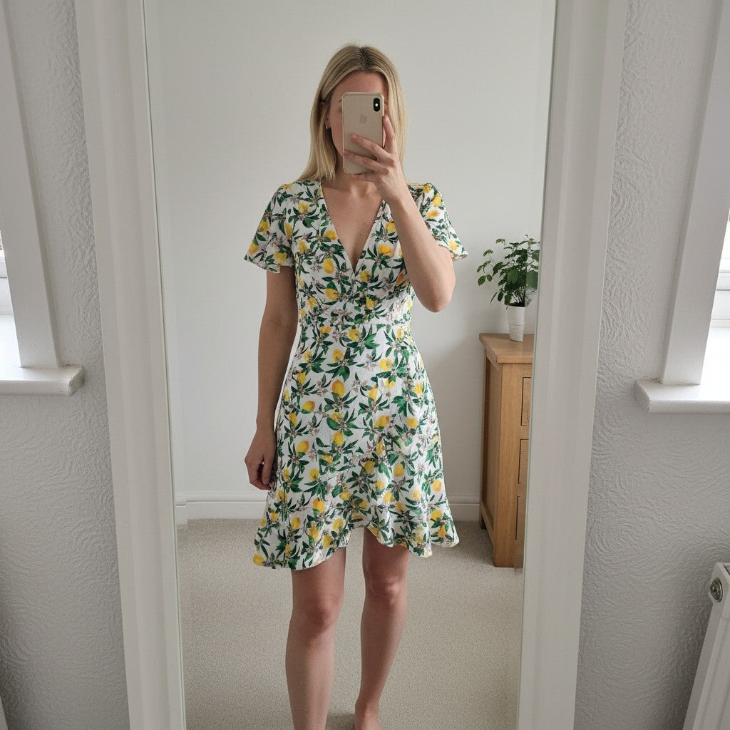 BNWT Lasula Boutique lemon print wrap and Ruffle mini dress, size 10