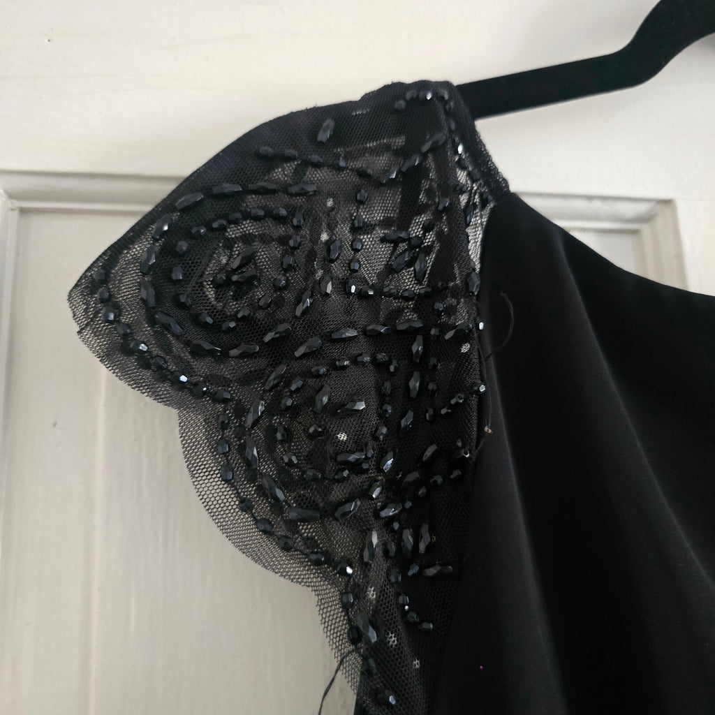Black Tiered Ruffle Dress with Beaded Lace Cap Sleeves UK Size 12, BNWT