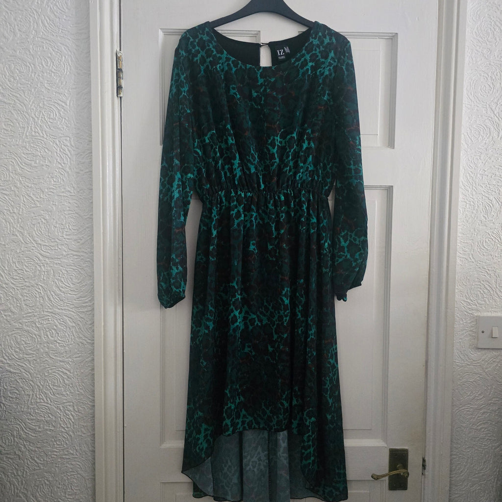 IZABEL London Green and Brown Animal Print Long Sleeve Dip Hem Dress size 12