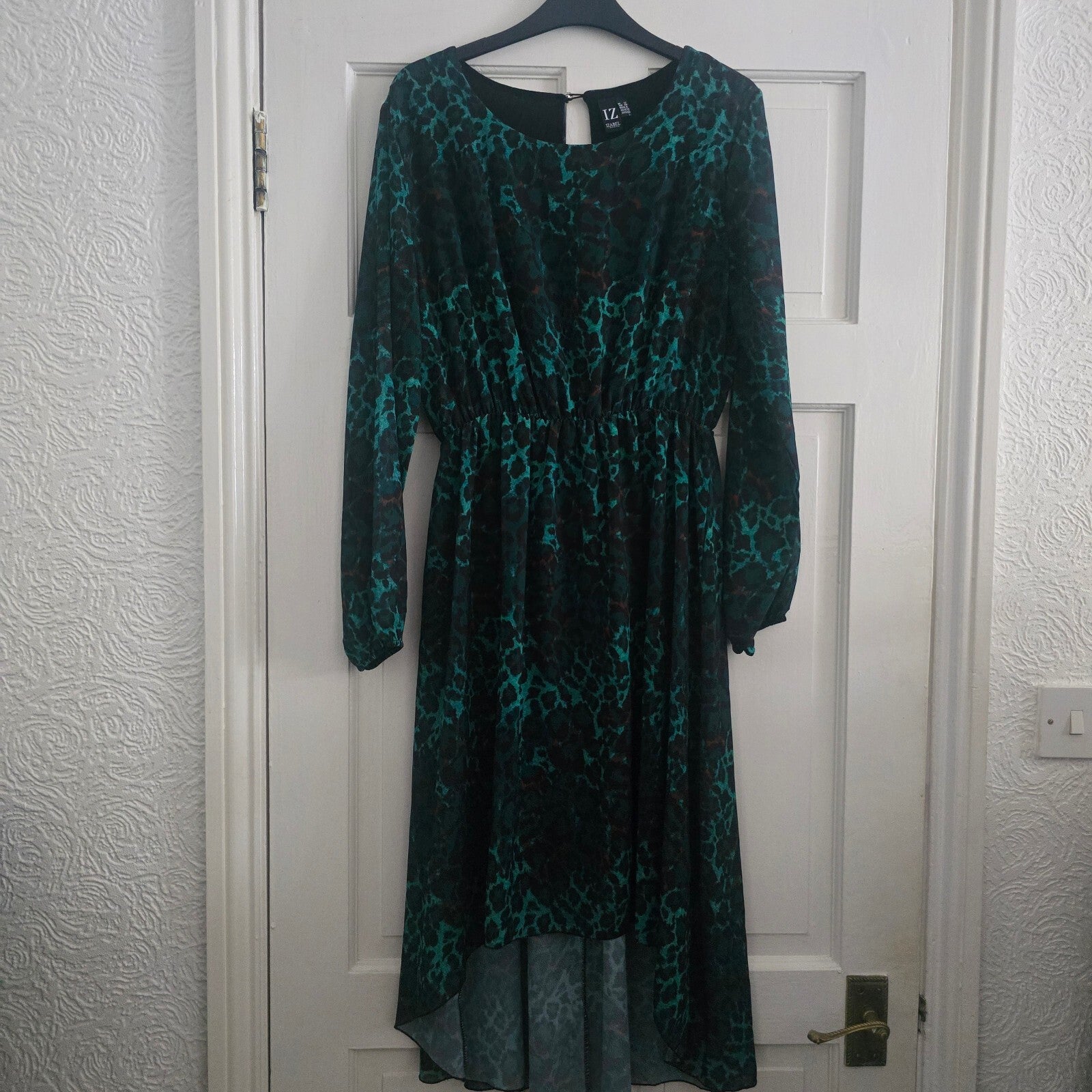 IZABEL London Green and Brown Animal Print Long Sleeve Dip Hem Dress size 12