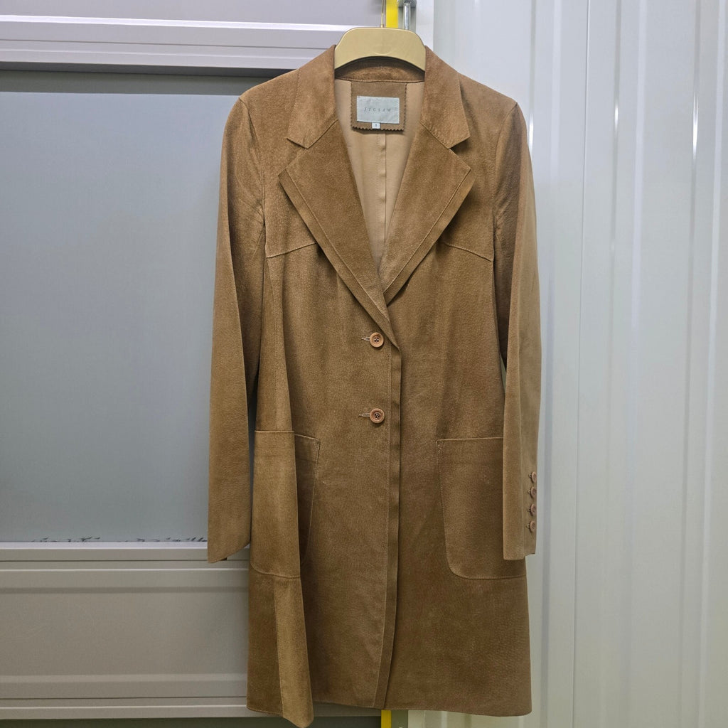 Jigsaw Tan Suede Leather Long Blazer Coat, Vintage, Luxury, Size 8