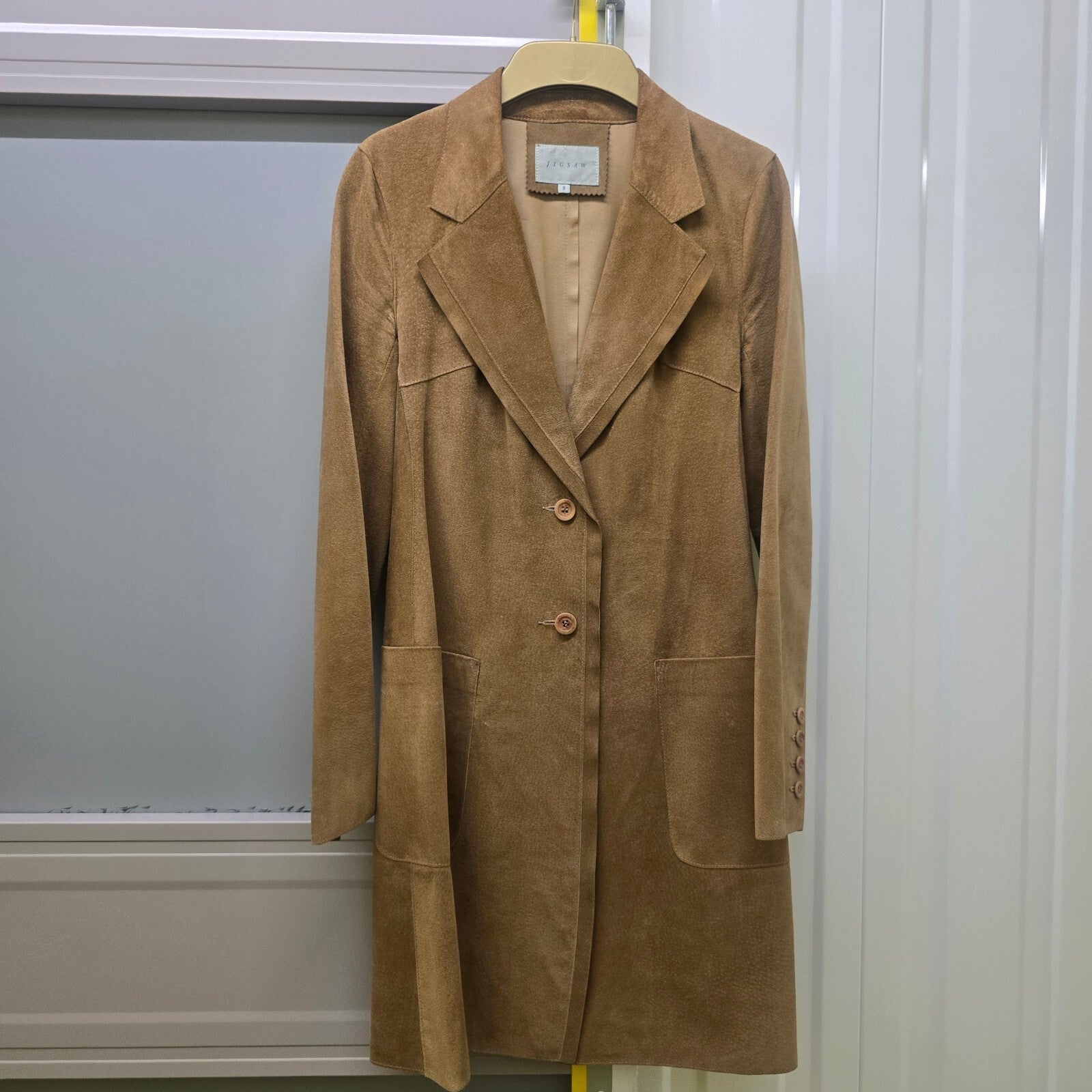 Jigsaw Tan Suede Leather Long Blazer Coat, Vintage, Luxury, Size 8
