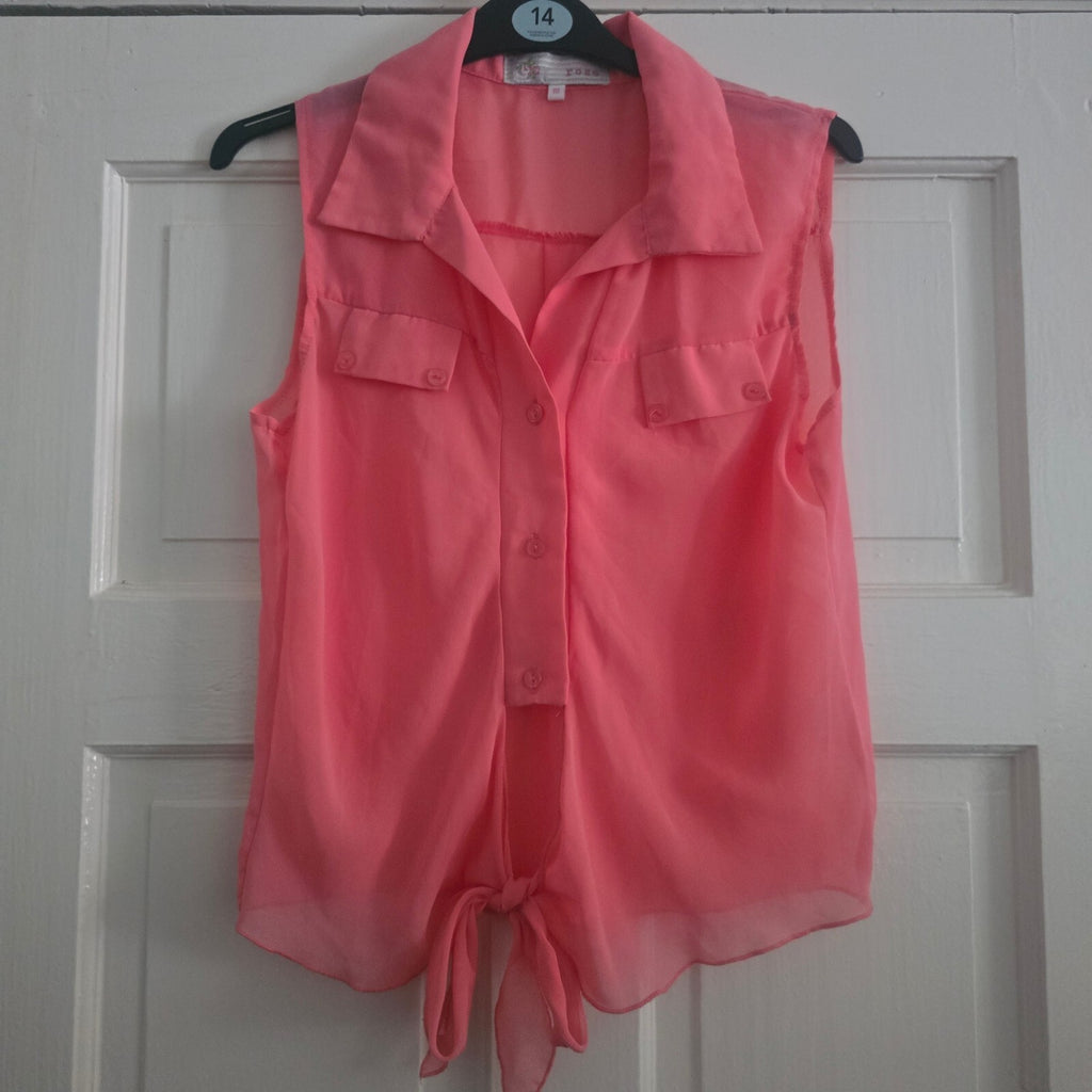 Cotton Rose Coral Sleeveless Sheer Button-Up Blouse Size 10, tie front, keyhole