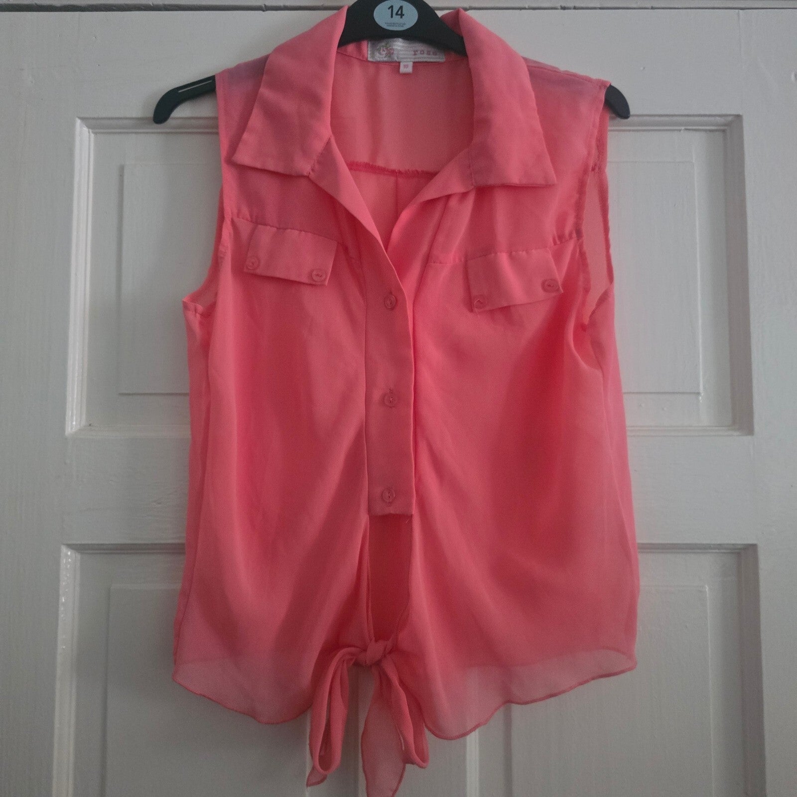 Cotton Rose Coral Sleeveless Sheer Button-Up Blouse Size 10, tie front, keyhole