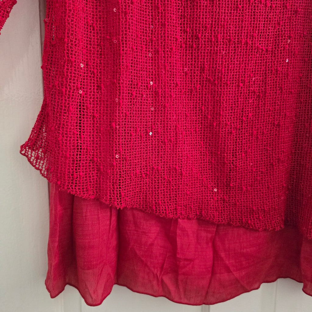 Klass Red Sequined Layered Blouse Top Relaxed Fit Size L, viscose mix
