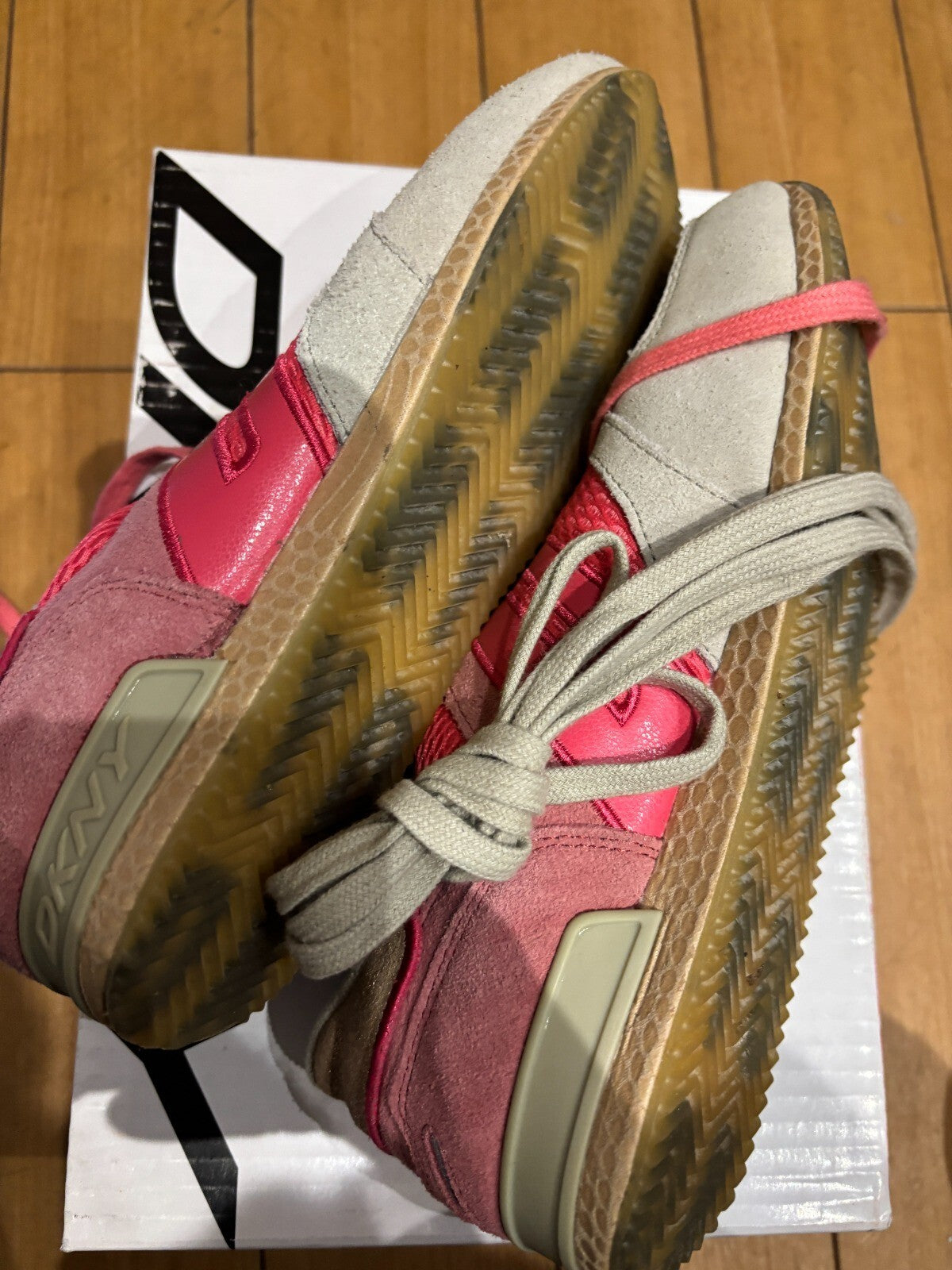 DKNY Women's Pink and Beige Suede Mesh Sneakers, trainers, size UK 5