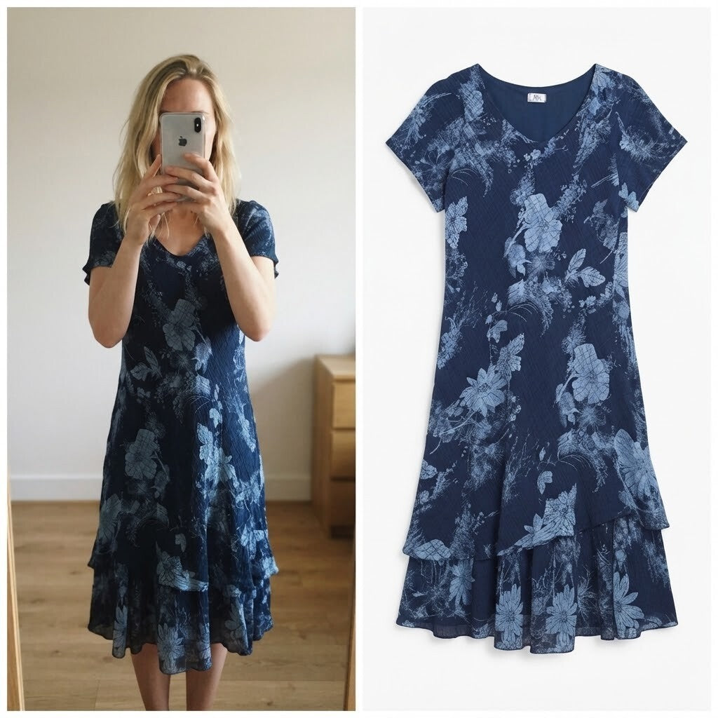 Nina Murati Navy Blue Floral Cotton Midi Dress Size S y2k