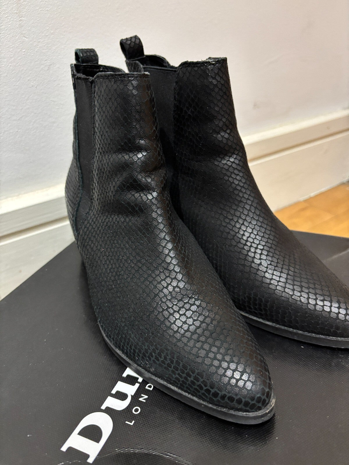 Dune London Black Reptile Print Leather Western Chelsea Boots Size 5 UK / 38 EU