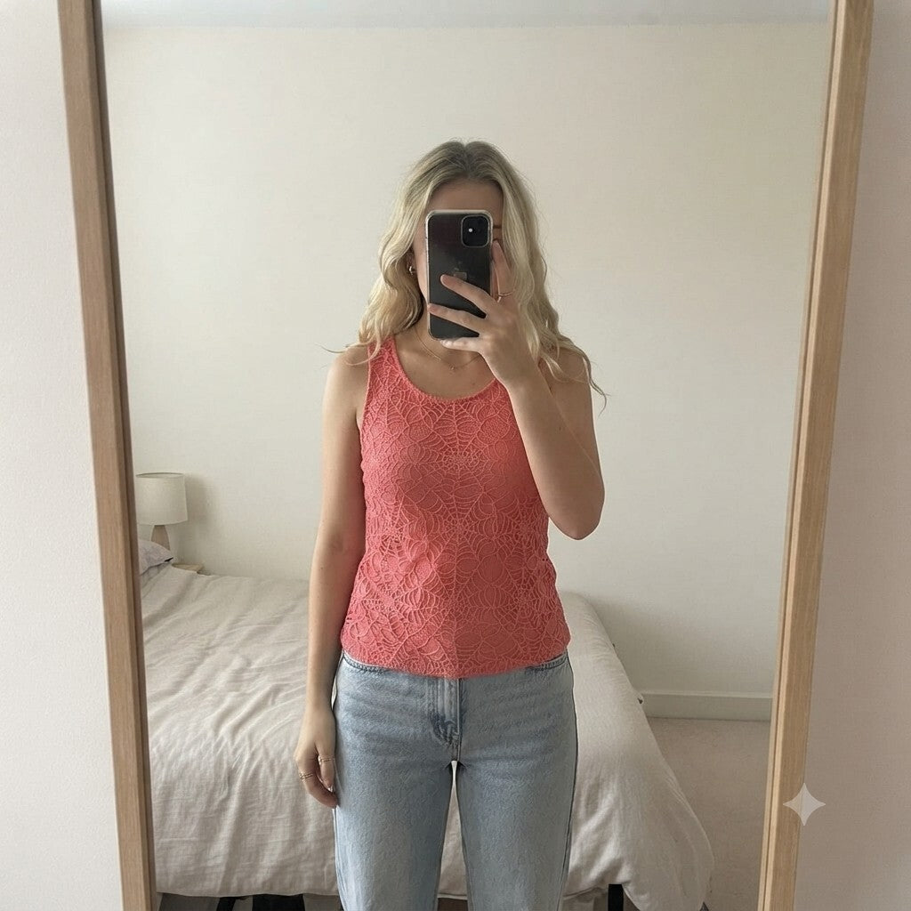 Coral Pink Sleeveless Lace Overlay Spiderweb Top, size M