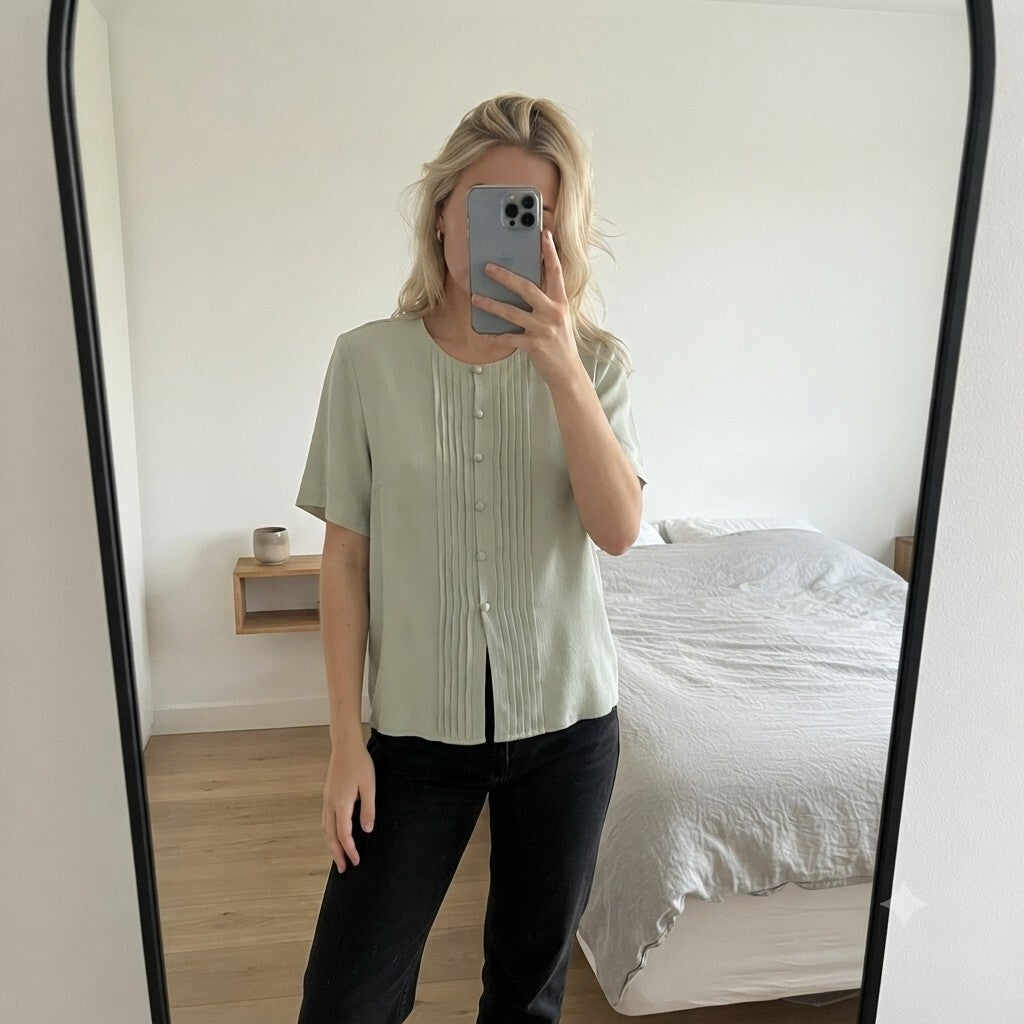 Jacques Vert Light Green Pleated Front Short Sleeve Blouse UK 12