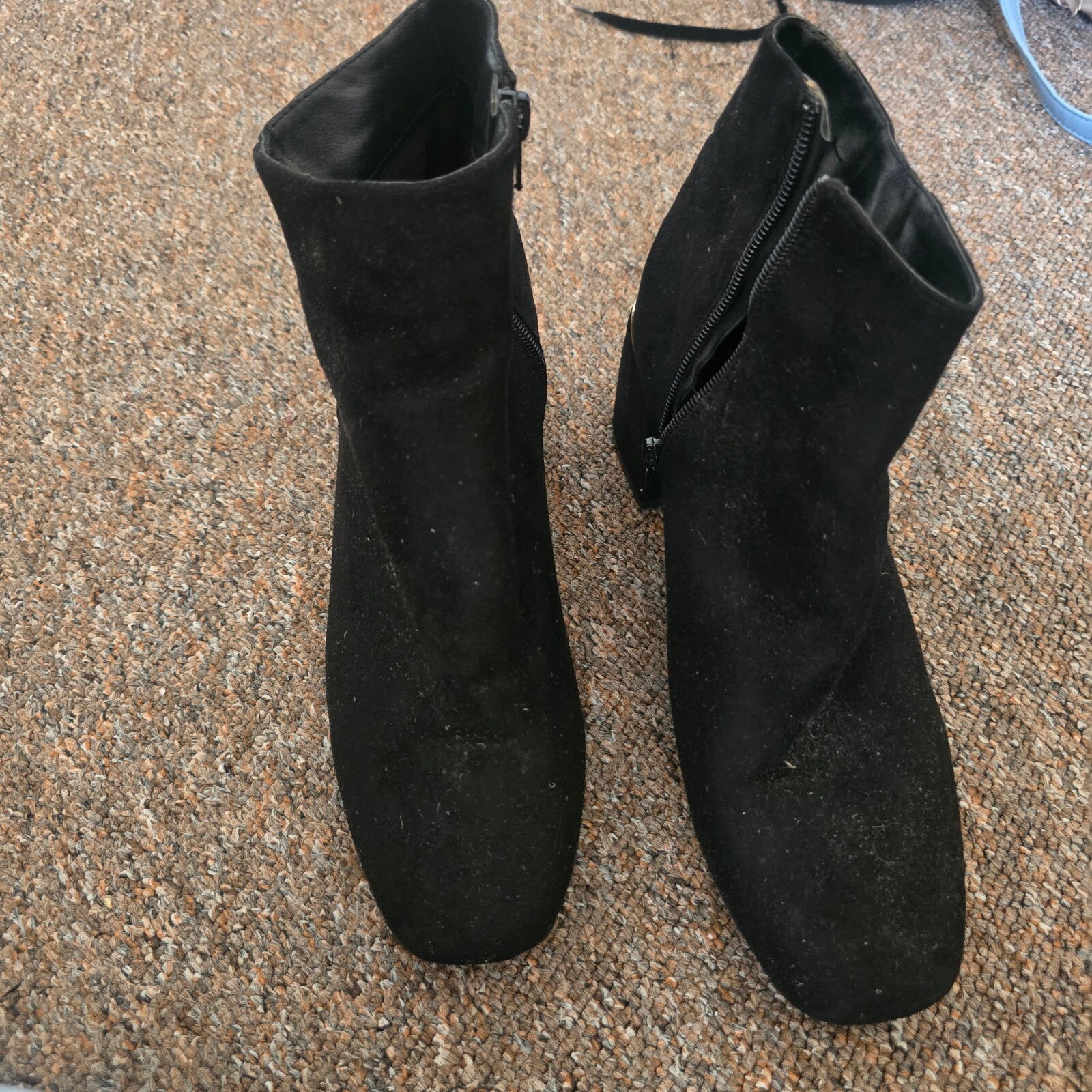 Black Suede Effect Ankle Boots with Gold Accent Heel - Size 39 UK 6, side zip, block heel