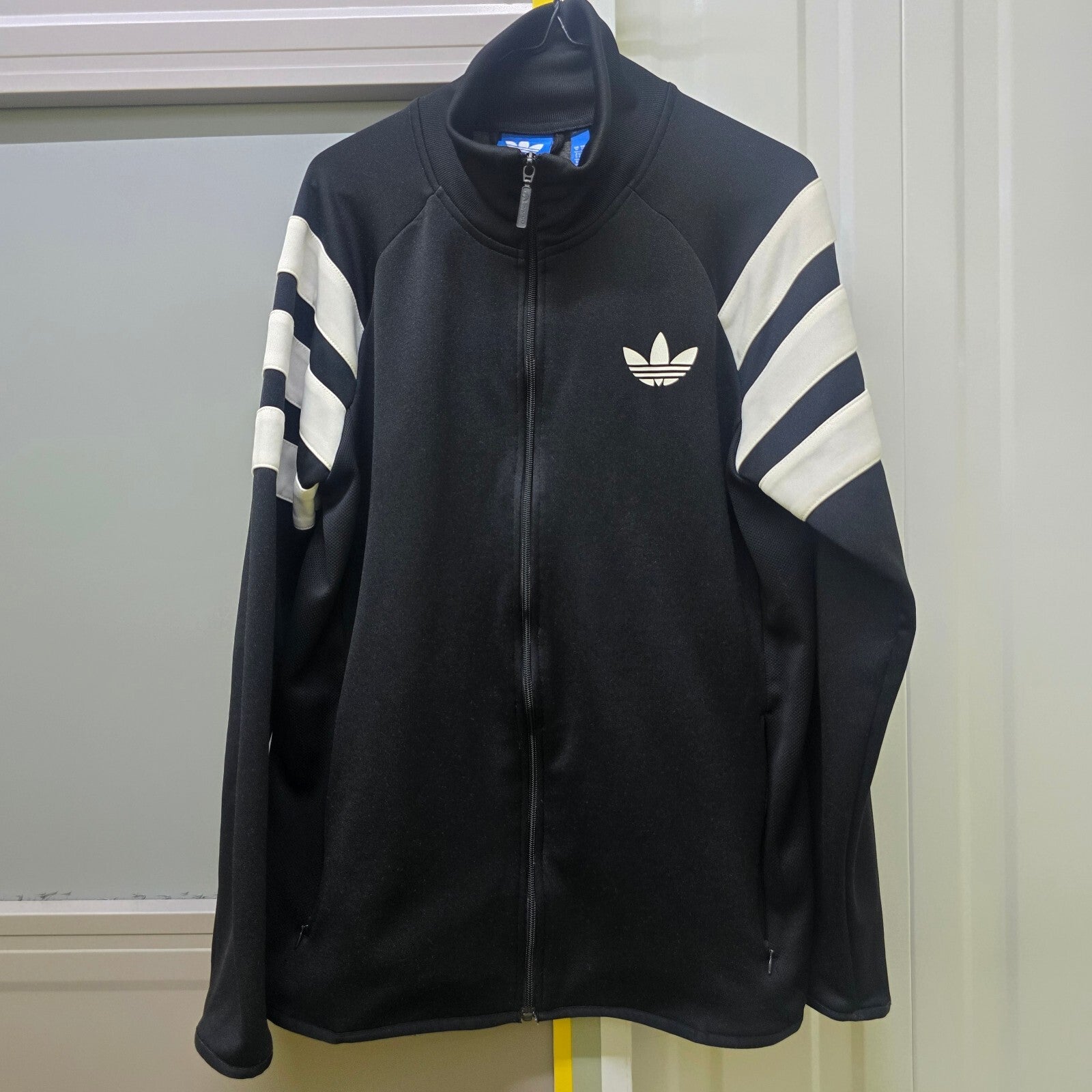 Adidas Originals Vintage Black Track Jacket, White Striped Sleeves, Trefoil Logo