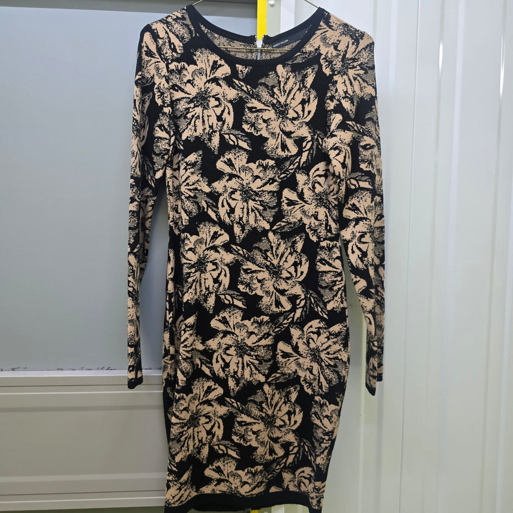 Karen Millen Black and Beige Floral Long Sleeve Dress with Back Zip, size S