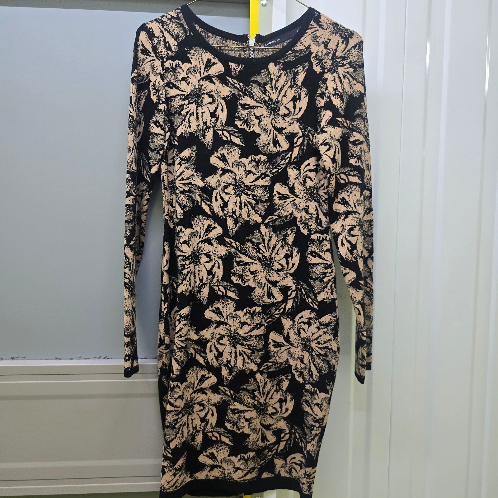 Karen Millen Black and Beige Floral Long Sleeve Dress with Back Zip, size S